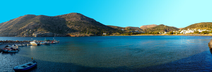 superb panoramic view of the small fishing port of Galissas, on Syros, famous Cyclades island, in the heart of the Aegean Sea