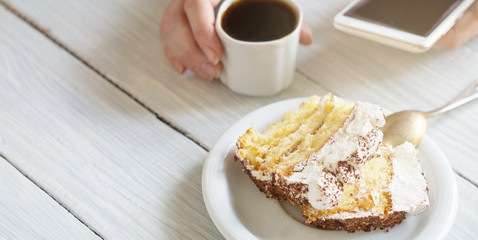 Tiramisu dessert and female hands with smartphone and cup of coffee