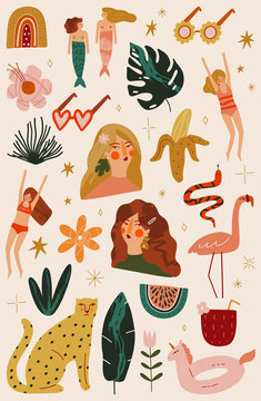 Set of Summer Girls and Animals Vector Illustrations in Modern Collage Artistic Trendy Style