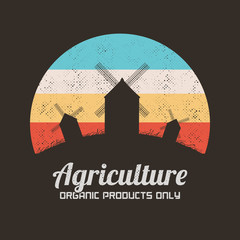 Windmills in field. Retro illustration with silhouettes of mills on hill. Rural landscape. Vector background for prints, t-shirts