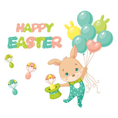 Easter bunny flying on balloons. Cartoon vector illustration