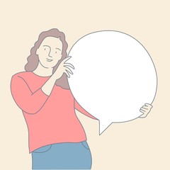 Woman character holding blank speech bubble. Hand drawn vector illustration.