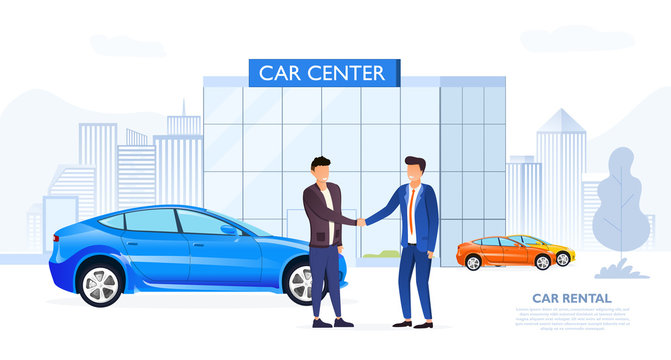 Client shaking automobile dealers hand in simple sketchy image with two men  outdoors near Car Center, rental or used car dealership office,  transferring a car after signing the contract Stock Vector |