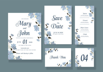 Wedding Invitation Layout Set with Grey Watercolor Flowers