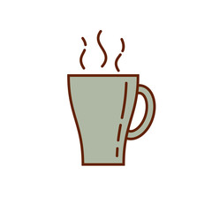 Coffee tea cup mug icon. Linear style illustration. Cup with hot beverage with aroma steam. Mug isolated on white. Light blue pastel color.