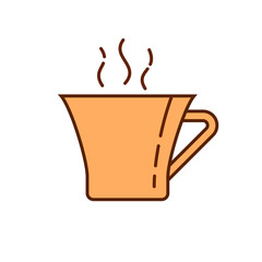 Coffee tea cup mug icon. Linear style illustration. Cup with hot beverage with aroma steam. Mug isolated on white. Light pastel orange color.