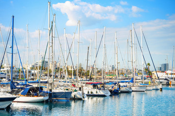 Naklejka premium Larnaca marina, yachts, cityscape, Cyprus