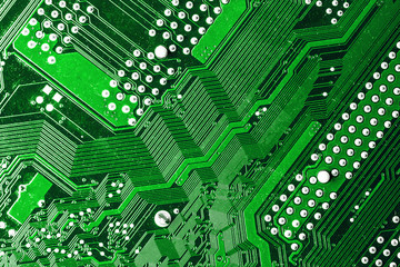 Green circuit board. Electronic device macro background. Micro chip motherboard design. Data...