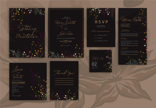 Wedding Invitation Layout Set with Colorful Flowers on Dark Background