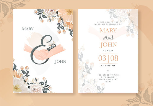 Wedding Invitation Card Layout with Watercolor Flowers and Hands