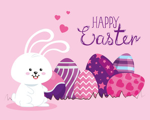 happy easter card with cute rabbit and eggs vector illustration design