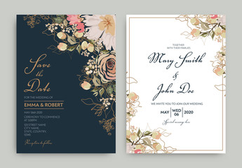 Two Wedding Invitation Cards with Watercolor Flowers