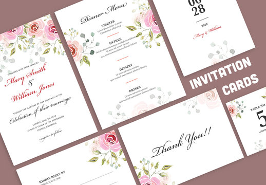 Water Color Roses with Wedding Invitation Card Layout Set