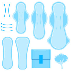 Sanitary napkin, women menstrual pad icon vector set isolated on white background.