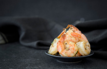 Served fried shrimps on plate, blank sapce and selective focus
