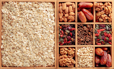 Ingredients for making muesli. Dried fruits, various nuts and seeds.