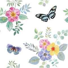 Fototapeta na wymiar Drawn flowers and butterflies on a white background.Seamless watercolor flowers pattern. Flowers and leaves. Hand painted color. Floral pattern for design