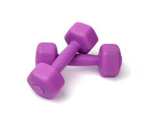purple plastic dumbbell for sports isolated on white background