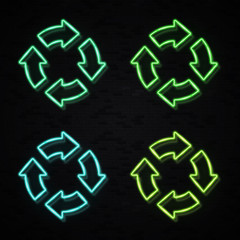 Recycling ecology icon set in neon style on black brick wall background. Glowing green eco sign concept. 4 arrows in circle recycle symbol. Organic natural design element. Bright vector illustration.