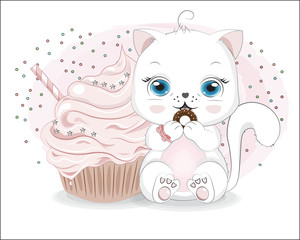 little white cat girl and cake