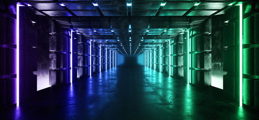 Futuristic Sci Fi Alien Ship Dark Empty Space Grunge Reflective Glossy Concrete Tunnel Corridor With Neon Glowing Laser Electric Purple Blue Lights Background 3D Rendering