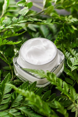 Face cream moisturizer jar in green garden, natural herbal skincare cosmetics and organic...