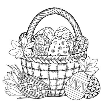 Happy Easter. Black and White Doodle Easter Eggs in the basket. Coloring book for adults for relax and meditation. Vector isolated elements