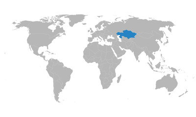 Kazakhstan highlighted blue on world political map. Gray background. Business concepts and backgrounds.