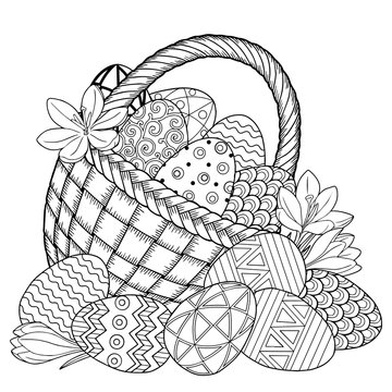 Happy Easter. Black and White Doodle Easter Eggs in the basket. Coloring book for adults for relax and meditation. Vector isolated elements