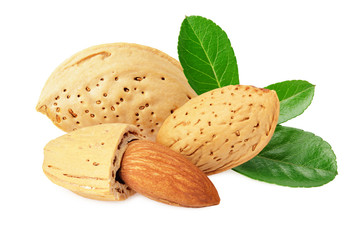 almonds with green leaves isolated on white background