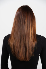 Rear view of freshly cut smooth long hair with highlights on a thin young model. Salon quality hair care products concept
