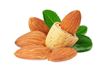 almonds with green leaves isolated on white background