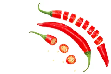 Keuken spatwand met foto red hot chili peppers with slices isolated on white background. top view © Eywa