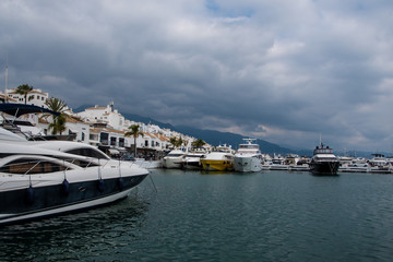 Fototapeta premium MARBELLA, SPAIN - February 28, 2020 - Boats and yachts moored in the sport port, Marbella, Malaga Province, Andalucia