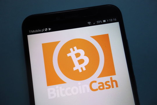 KONSKIE, POLAND - SEPTEMBER 22, 2018: Bitcoin Cash cryptocurrency logo on smartphone