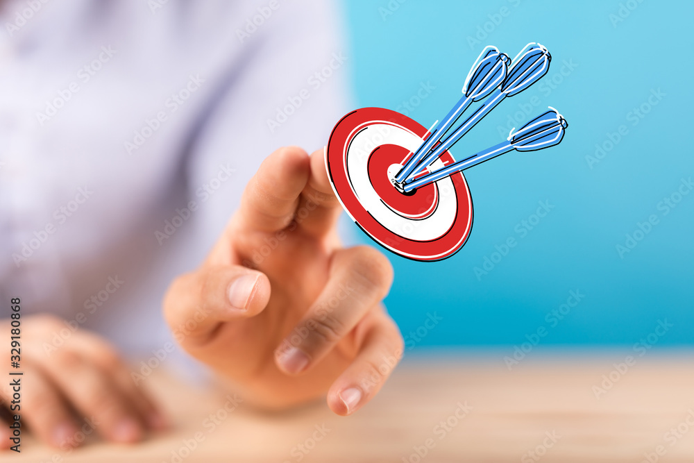 Poster  makes a dart throw on the target. The concept of persistence in business..