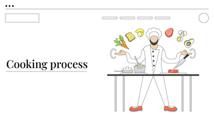 Professional cooking chef on the kitchen. Light outline drawing style. Isolated illustration for your design, infographic, landing page or app designing.