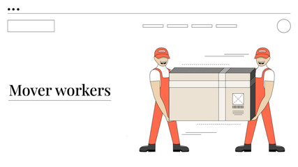 Mover workers holding a box. Light outline drawing style. Isolated illustration for your design, infographic, landing page or app designing.