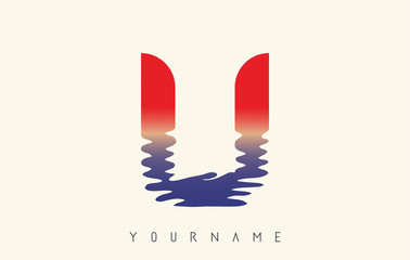U Letter Logo with Water Effect and Sunset Gradient Vector Design.