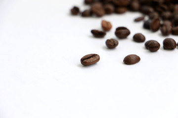 Isolated coffee beans scattered on a white surface with space for text