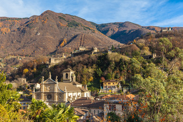Stunning panorama view of Bellinzona old town with church Chiesa Collegiata dei SS Pietro e...