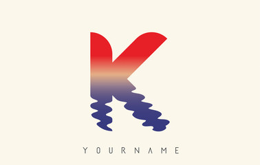 K Letter Logo with Water Effect and Sunset Gradient Vector Design.