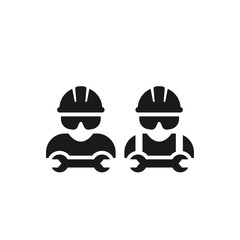 Worker, construction workman or mechanic with wrench wearing protective glasses and helmet. Black isolated vector icon.