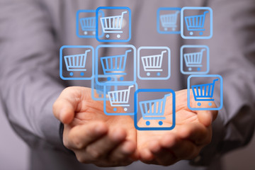Online shopping business concept selecting shopping cart.
