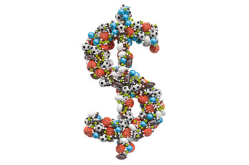 Dollar symbol from sport gaming balls, 3D rendering