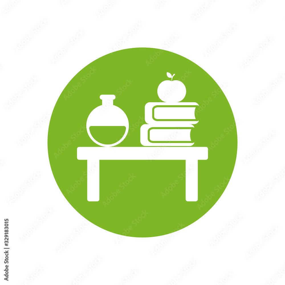 Poster apple over school books and flask silhouette block style icon vector design