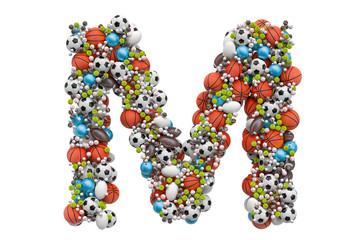 Letter M from sport gaming balls, 3D rendering