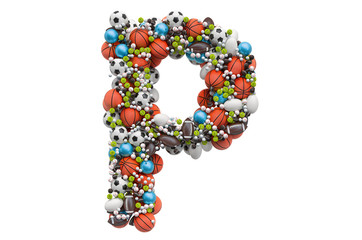 Letter P from sport gaming balls, 3D rendering
