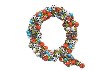 Letter Q from sport gaming balls, 3D rendering