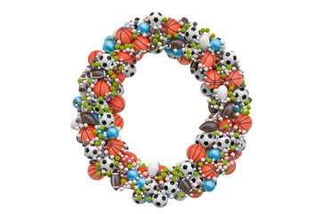 Letter O from sport gaming balls, 3D rendering